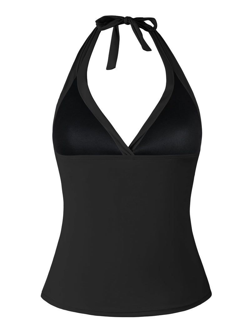 Hilor Women's Plunging V Neck Halter Swim Tops Shirred Tankini Top New Version Black 14 - Image 3